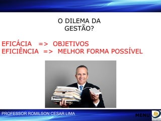 O DILEMA DA GESTÃO? EFICÁCIA  =>  OBJETIVOS EFICIÊNCIA  =>  MELHOR FORMA POSSÍVEL  MENU 