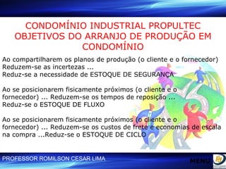 CONDOMÍNIO INDUSTRIAL PROPULTEC OBJETIVOS DO ARRANJO DE PRODUÇÃO EM CONDOMÍNIO Ao compartilharem os planos de produção (o cliente e o fornecedor) Reduzem-se as incertezas ... Reduz-se a necessidade de ESTOQUE DE SEGURANÇA Ao se posicionarem fisicamente próximos (o cliente e o fornecedor) ... Reduzem-se os tempos de reposição ...  Reduz-se o ESTOQUE DE FLUXO Ao se posicionarem fisicamente próximos (o cliente e o fornecedor) ... Reduzem-se os custos de frete e economias de escala na compra ...Reduz-se o ESTOQUE DE CICLO MENU 