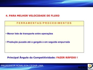 4. PARA MELHOR VELOCIDADE DE FLUXO Principal Ângulo da Competitividade:  FAZER RÁPIDO ! F E R R A M E N T A S / P R O C E D I M E N T O S  •  Menor lote de transporte entre operações •  Produção puxada até o gargalo e em seguida empurrada MENU 