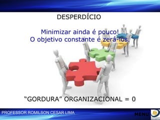 DESPERDÍCIO  Minimizar ainda é pouco! O objetivo constante é zerá-los. “ GORDURA” ORGANIZACIONAL = 0 MENU 