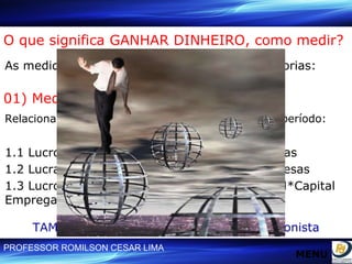 O que significa GANHAR DINHEIRO, como medir? As medidas podem ser agrupadas em 03 categorias: 01) Medida absoluta:  Relaciona $ que entra com $ que sai, em um dado período: 1.1 Lucro Liquido (LL) = Faturamento - Despesas 1.2 Lucratividade (Ltde) = Faturamento / Despesas 1.3 Lucro Econômico (LE) = Lucro Líquido (TAM*Capital Empregado) TAM = Taxa de atratividade mínima do acionista MENU 