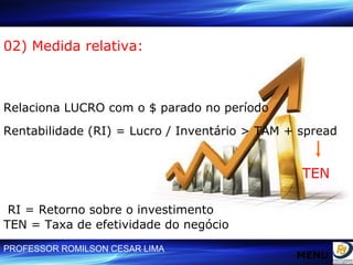 02) Medida relativa:  Relaciona LUCRO com o $ parado no período Rentabilidade (RI) = Lucro / Inventário > TAM + spread TEN RI = Retorno sobre o investimento TEN = Taxa de efetividade do negócio MENU 