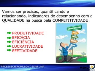 Vamos ser precisos, quantificando e relacionando, indicadores de desempenho com a QUALIDADE na busca pela COMPETITIVIDADE : PRODUTIVIDADE EFICÁCIA EFICIÊNCIA LUCRATIVIDADE EFETIVIDADE  MENU 