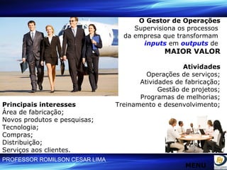 O Gestor de Operações Supervisiona os processos  da empresa que transformam  inputs  em  outputs  de  MAIOR VALOR Atividades Operações de serviços; Atividades de fabricação; Gestão de projetos; Programas de melhorias; Treinamento e desenvolvimento; Principais interesses Área de fabricação;  Novos produtos e pesquisas;  Tecnologia; Compras; Distribuição; Serviços aos clientes. MENU MENU 