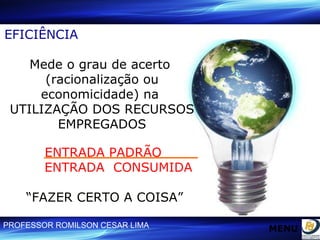 EFICIÊNCIA Mede o grau de acerto  (racionalização ou economicidade) na  UTILIZAÇÃO DOS RECURSOS EMPREGADOS ENTRADA PADRÃO  ENTRADA  CONSUMIDA “ FAZER CERTO A COISA” “ FAZER CERTO A COISA” MENU 
