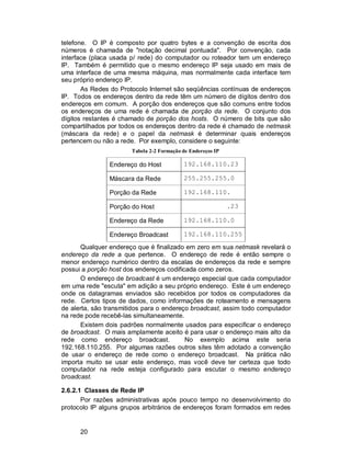 20
telefone. O IP é composto por quatro bytes e a convenção de escrita dos
números é chamada de "notação decimal pontuada". Por convenção, cada
interface (placa usada p/ rede) do computador ou roteador tem um endereço
IP. Também é permitido que o mesmo endereço IP seja usado em mais de
uma interface de uma mesma máquina, mas normalmente cada interface tem
seu próprio endereço IP.
As Redes do Protocolo Internet são seqüências contínuas de endereços
IP. Todos os endereços dentro da rede têm um número de dígitos dentro dos
endereços em comum. A porção dos endereços que são comuns entre todos
os endereços de uma rede é chamada de porção da rede. O conjunto dos
dígitos restantes é chamado de porção dos hosts. O número de bits que são
compartilhados por todos os endereços dentro da rede é chamado de netmask
(máscara da rede) e o papel da netmask é determinar quais endereços
pertencem ou não a rede. Por exemplo, considere o seguinte:
Tabela 2-2 Formação de Endereços IP
Endereço do Host 192.168.110.23
Máscara da Rede 255.255.255.0
Porção da Rede 192.168.110.
Porção do Host .23
Endereço da Rede 192.168.110.0
Endereço Broadcast 192.168.110.255
Qualquer endereço que é finalizado em zero em sua netmask revelará o
endereço da rede a que pertence. O endereço de rede é então sempre o
menor endereço numérico dentro da escalas de endereços da rede e sempre
possui a porção host dos endereços codificada como zeros.
O endereço de broadcast é um endereço especial que cada computador
em uma rede "escuta" em adição a seu próprio endereço. Este é um endereço
onde os datagramas enviados são recebidos por todos os computadores da
rede. Certos tipos de dados, como informações de roteamento e mensagens
de alerta, são transmitidos para o endereço broadcast, assim todo computador
na rede pode recebê-las simultaneamente.
Existem dois padrões normalmente usados para especificar o endereço
de broadcast. O mais amplamente aceito é para usar o endereço mais alto da
rede como endereço broadcast. No exemplo acima este seria
192.168.110.255. Por algumas razões outros sites têm adotado a convenção
de usar o endereço de rede como o endereço broadcast. Na prática não
importa muito se usar este endereço, mas você deve ter certeza que todo
computador na rede esteja configurado para escutar o mesmo endereço
broadcast.
2.6.2.1 Classes de Rede IP
Por razões administrativas após pouco tempo no desenvolvimento do
protocolo IP alguns grupos arbitrários de endereços foram formados em redes
 