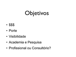 Objetivos
• $$$
• Porte
• Visibilidade
• Academia e Pesquisa
• Profissional ou Consultório?
 