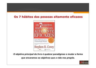 Os 7 hábitos das pessoas altamente eficazes




O objetivo principal do livro é quebrar paradigmas e mudar a forma
       que encaramos os objetivos que a vida nos propõe.
 