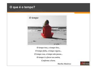 O que é o tempo?


            O tempo




                    O tempo traz, o tempo tira...
                   O tempo falta, o tempo vigora...
               O tempo voa, o tempo não passa...
                    O tempo é a favor ou contra,
                          Conforme a hora.
                                              Martha Medeiros
 