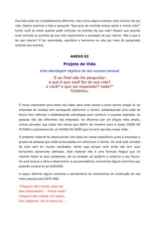 Sua lista pode ser completamente diferente, mas inclua alguns eventos mais comuns da sua
vida. Depois examine a lista e pergunte "Que grau de controle exerço sobre a minha vida?"
Como você se sente quando pode controlar os eventos da sua vida? Repare que quando
você controla os eventos da sua vida experimenta a sensação de paz interior. Mas o que é
ter paz interior? É ter serenidade, equilíbrio e harmonia na vida por meio do apropriado
controle dos eventos.
ANEXO 02
Projeto de Vida
Uma abordagem objetiva do seu sucesso pessoal
"E ao final vão lhe perguntar:
o que é que você fez da sua vida?
e você? o que vai responder? nada?"
Tchekhov.
É muito importante para todos nós saber para onde vamos e como vamos chegar lá. As
empresas de sucesso tem conseguido sobreviver e vencer, estabelecendo uma visão de
futuro bem definida e estabelecendo estratégias para construir o sucesso esperado. As
pessoas não são diferentes das empresas. Se olharmos por um ângulo mais amplo,
vamos perceber que todos nós temos que definir de maneira clara a nossa VISÃO DE
FUTURO e precisamos ter um PLANO DE AÇÃO que tornará real esta nossa visão.
O presente material foi desenvolvido com base em nossa experiência junto á empresas e
grupos de pessoas que estão preocupadas em sobreviver e vencer. Se você está cansado
de lutar sem ter muitos resultados, talvez seja porque você ainda não tem seus
horizontes claramente definidos. Este material não é uma fórmula mágica que irá
resolver todos os seus problemas, ele na verdade vai ajudá-lo a construir o seu futuro.
Se você levá-lo a sério e desenvolver a sua persistência, encontrará alguns caminhos que
poderão conduzi-lo ao SUCESSO.
A seguir definirei alguns conceitos e apresentarei os mecanismos de construção de sua
meta pessoal para ESTE ANO.
"Cheguem até a borda, disse ele.
Eles responderam: - Temos medo!
Cheguem até a borda, ele repetiu.
Eles chegaram, ele os empurrou...
 