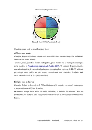 Administração e Empreendedorismo
Quanto a metas, pode-se considerar dois tipos:
a) Metas para manter:
Exemplo: Atender ao telefone sempre antes do terceiro sinal. Estas metas podem também ser
chamadas de "metas padrão".
Teríamos, então, qualidade padrão, custo padrão, prazo padrão, etc. O plano para se atingir a
meta padrão é o Procedimento Operacional Padrão (POP). O conjunto de procedimentos
operacionais padrão é o próprio planejamento operacional da empresa. O PDCA utilizado
para atingir metas padrão, ou para manter os resultados num certo nível desejado, pode
então ser chamado de SDCA (S de standard);
b) Metas para melhorar:
Exemplo: Reduzir o desperdício de 100 unidades para 90 unidades em um mês ou aumentar
a produtividade em 15% até dezembro.
De modo a atingir novas metas ou novos resultados, a "maneira de trabalhar" deve ser
modificada; por exemplo, uma ação possível seria modificar os Procedimentos Operacionais
Padrão.
VIRTVS Engenharia e Informática. Adbeel Goes Filho et alli. 13
Figura 1: Ciclo PDCA (Plan-do-check-act)
 