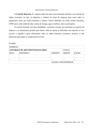 Administração e Empreendedorismo
2. Controle Bancário: É o registro diário de toda a movimentação bancária e do controle de
saldos existentes, ou seja, os depósitos e créditos na conta da empresa, bem como todos os
pagamentos feitos por meios bancários e demais valores debitados em conta (tarifas bancárias,
CPMF juros sobre saldo devedor, contas de energia, água e telefone, entre as principais).
O controle bancário tem duas finalidades: a primeira consiste em confrontar os registros da
empresa e os lançamentos gerados pelo banco, além de apurar as diferenças nos registros se isso
ocorrer; a segunda é gerar informações sobre os saldos bancários existentes, inclusive se são
suficientes para pagar os compromissos do dia.
Exemplo:
EMPRESA
CONTROLE DE MOVIMENTO BANCÁRIO CONTA
DATA HISTÓRICO CRÉDITO DÉBITO SALDO
... ... ... ... ...
SALDO A TRANSPORTAR
VIRTVS Engenharia e Informática. Adbeel Goes Filho et alli. 172
 