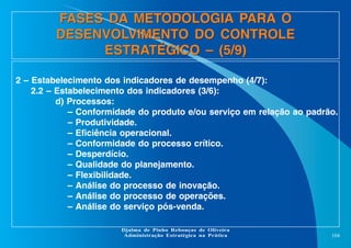 FASES DA METODOLOGIA PARA O
DESENVOLVIMENTO DO CONTROLE
ESTRATÉGICO – (5/9)
2 – Estabelecimento dos indicadores de desempenho (4/7):
2.2 – Estabelecimento dos indicadores (3/6):
d) Processos:
– Conformidade do produto e/ou serviço em relação ao padrão.
– Produtividade.
– Eficiência operacional.
– Conformidade do processo crítico.
– Desperdício.
– Qualidade do planejamento.
– Flexibilidade.
– Análise do processo de inovação.
– Análise do processo de operações.
– Análise do serviço pós-venda.
Djalma de Pinho Rebouças de Oliveira
Administração Estratégica na Prática

104

 