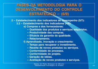 FASES DA METODOLOGIA PARA O
DESENVOLVIMENTO DO CONTROLE
ESTRATÉGICO – (6/9)
2 – Estabelecimento dos indicadores de desempenho (5/7):
2.2 – Estabelecimento dos indicadores (4/6):
e) Compras e dos fornecedores:
– Qualidade dos produtos e serviços adquiridos.
– Produtividade das compras.
– Eficácia da garantia da qualidade.
– Relacionamento.
f) Aprendizado, inovação e crescimento:
– Tempo para recuperar o investimento.
– Receita de novos produtos ou serviços.
– Conformidade do processo.
– Conformidade do projeto.
– Geração de idéias.
– Aceitação de novos produtos e serviços.
Djalma de Pinho Rebouças de Oliveira
Administração Estratégica na Prática

105

 