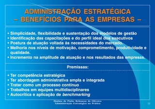 ADMINISTRAÇÃO ESTRATÉGICA
– BENEFÍCIOS PARA AS EMPRESAS –
•
•
•
•

Simplicidade, flexibilidade e sustentação dos modelos de gestão
Identificação das capacitações e do perfil ideal dos executivos
Postura de atuação voltada às necessidades do mercado.
Melhoria nos níveis de motivação, comprometimento, produtividade e
qualidade.
• Incremento na amplitude de atuação e nos resultados das empresas.
Premissas:
•
•
•
•
•

Ter competência estratégica
Ter abordagem administrativa ampla e integrada
Tratar como um processo contínuo
Trabalhos em equipes multidisciplinares
Autocrítica e aplicação de benchmarking
Djalma de Pinho Rebouças de Oliveira
Administração Estratégica na Prática

32

 