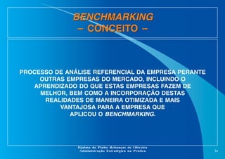 BENCHMARKING
– CONCEITO –

PROCESSO DE ANÁLISE REFERENCIAL DA EMPRESA PERANTE
OUTRAS EMPRESAS DO MERCADO, INCLUINDO O
APRENDIZADO DO QUE ESTAS EMPRESAS FAZEM DE
MELHOR, BEM COMO A INCORPORAÇÃO DESTAS
REALIDADES DE MANEIRA OTIMIZADA E MAIS
VANTAJOSA PARA A EMPRESA QUE
APLICOU O BENCHMARKING.

Djalma de Pinho Rebouças de Oliveira
Administração Estratégica na Prática

34

 