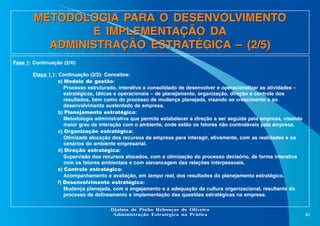 METODOLOGIA PARA O DESENVOLVIMENTO
E IMPLEMENTAÇÃO DA
ADMINISTRAÇÃO ESTRATÉGICA – (2/5)
Fase 1: Continuação (2/4):
Etapa 1.1: Continuação (2/2): Conceitos:
a) Modelo de gestão:
Processo estruturado, interativo e consolidado de desenvolver e operacionalizar as atividades –
estratégicas, táticas e operacionais – de planejamento, organização, direção e controle dos
resultados, bem como do processo de mudança planejada, visando ao crescimento e ao
desenvolvimento sustentado da empresa.
b) Planejamento estratégico:
Metodologia administrativa que permite estabelecer a direção a ser seguida pela empresa, visando
maior grau de interação com o ambiente, onde estão os fatores não controláveis pela empresa.
c) Organização estratégica:
Otimizada alocação dos recursos da empresa para interagir, ativamente, com as realidades e os
cenários do ambiente empresarial.
d) Direção estratégica:
Supervisão dos recursos alocados, com a otimização do processo decisório, de forma interativa
com os fatores ambientais e com alavancagem das relações interpessoais.
e) Controle estratégico:
Acompanhamento e avaliação, em tempo real, dos resultados do planejamento estratégico.
f) Desenvolvimento estratégico:
Mudança planejada, com o engajamento e a adequação da cultura organizacional, resultante do
processo de delineamento e implementação das questões estratégicas na empresa.
Djalma de Pinho Rebouças de Oliveira
Administração Estratégica na Prática

40

 