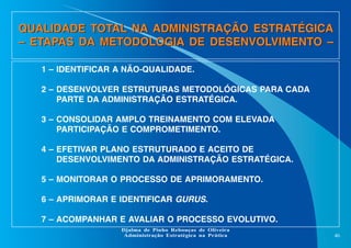 QUALIDADE TOTAL NA ADMINISTRAÇÃO ESTRATÉGICA
– ETAPAS DA METODOLOGIA DE DESENVOLVIMENTO –
1 – IDENTIFICAR A NÃO-QUALIDADE.
2 – DESENVOLVER ESTRUTURAS METODOLÓGICAS PARA CADA
PARTE DA ADMINISTRAÇÃO ESTRATÉGICA.
3 – CONSOLIDAR AMPLO TREINAMENTO COM ELEVADA
PARTICIPAÇÃO E COMPROMETIMENTO.
4 – EFETIVAR PLANO ESTRUTURADO E ACEITO DE
DESENVOLVIMENTO DA ADMINISTRAÇÃO ESTRATÉGICA.
5 – MONITORAR O PROCESSO DE APRIMORAMENTO.
6 – APRIMORAR E IDENTIFICAR GURUS.
7 – ACOMPANHAR E AVALIAR O PROCESSO EVOLUTIVO.
Djalma de Pinho Rebouças de Oliveira
Administração Estratégica na Prática

46

 