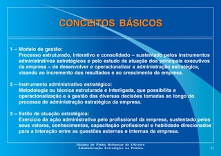 CONCEITOS BÁSICOS
1 – Modelo de gestão:
Processo estruturado, interativo e consolidado – sustentado pelos instrumentos
administrativos estratégicos e pelo estudo de atuação dos principais executivos
da empresa – de desenvolver e operacionalizar a administração estratégica,
visando ao incremento dos resultados e ao crescimento da empresa.
2 – Instrumento administrativo estratégico:
Metodologia ou técnica estruturada e interligada, que possibilita a
operacionalização e a gestão das diversas decisões tomadas ao longo do
processo de administração estratégica da empresa.
3 – Estilo de atuação estratégica:
Exercício da ação administrativa pelo profissional da empresa, sustentado pelos
seus valores, conhecimentos, capacitação profissional e habilidade direcionados
para a interação entre as questões externas e internas da empresa.
Djalma de Pinho Rebouças de Oliveira
Administração Estratégica na Prática

52

 