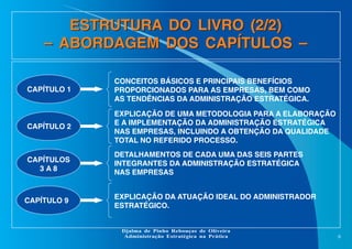 ESTRUTURA DO LIVRO (2/2)
– ABORDAGEM DOS CAPÍTULOS –
CAPÍTULO 1

CONCEITOS BÁSICOS E PRINCIPAIS BENEFÍCIOS
PROPORCIONADOS PARA AS EMPRESAS, BEM COMO
AS TENDÊNCIAS DA ADMINISTRAÇÃO ESTRATÉGICA.

CAPÍTULO 2

EXPLICAÇÃO DE UMA METODOLOGIA PARA A ELABORAÇÃO
E A IMPLEMENTAÇÃO DA ADMINISTRAÇÃO ESTRATÉGICA
NAS EMPRESAS, INCLUINDO A OBTENÇÃO DA QUALIDADE
TOTAL NO REFERIDO PROCESSO.

CAPÍTULOS
3A8

DETALHAMENTOS DE CADA UMA DAS SEIS PARTES
INTEGRANTES DA ADMINISTRAÇÃO ESTRATÉGICA
NAS EMPRESAS

CAPÍTULO 9

EXPLICAÇÃO DA ATUAÇÃO IDEAL DO ADMINISTRADOR
ESTRATÉGICO.

Djalma de Pinho Rebouças de Oliveira
Administração Estratégica na Prática

6

 