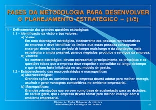 FASES DA METODOLOGIA PARA DESENVOLVER
O PLANEJAMENTO ESTRATÉGICO – (1/5)
1 – Delineamento das grandes questões estratégicas
1.1 – Identificação da visão e dos valores:
a) Visão:
Em uma abordagem estratégica, é decorrente das pessoas representativas
da empresa e deve identificar os limites que essas pessoas conseguem
enxergar, dentro de um período de tempo mais longo e da abordagem mais
estratégica e ampla possível, para os negócios, produtos e serviços da empresa.
b) Valores:
No contexto estratégico, devem representar, principalmente, os princípios e as
questões éticas que a empresa deve respeitar e consolidar ao longo do tempo
e que tenham forte influência no seu modelo de gestão.
1.2 – Estabelecimento das macroestratégias e macropolíticas
a) Macroestratégias:
Grandes ações ou caminhos que a empresa deverá adotar para melhor interagir,
usufruir e gerar vantagens competitivas no ambiente empresarial.
b) Macropolíticas:
Grandes orientações que servem como base de sustentação para as decisões,
de caráter geral, que a empresa deverá tomar para melhor interagir com o
ambiente empresarial.
Djalma de Pinho Rebouças de Oliveira
Administração Estratégica na Prática

60

 
