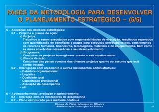 FASES DA METODOLOGIA PARA DESENVOLVER
O PLANEJAMENTO ESTRATÉGICO – (5/5)
5 – Aplicação das decisões estratégicas:
5.1 – Projetos e planos de ação:
a) Projetos:
Trabalhos a serem executados com responsabilidades de execução, resultados esperados
com quantificação de benefícios e prazos para execução preestabelecidos, considerando
os recursos humanos, financeiros, tecnológicos, materiais e de equipamentos, bem como
as áreas envolvidas necessárias a seu desenvolvimento.
b) Programas:
Conjuntos de projetos homogêneos quanto a seu objetivo maior.
c) Planos de ação:
Conjuntos das partes comuns dos diversos projetos quanto ao assunto que está
sendo tratado.
5.2 – Interligação com orçamento e outros instrumentos administrativos:
– Estrutura organizacional
– Logística
– Qualidade total
– Capacitação profissional
– Avaliação de desempenho
– etc.
6 – Acompanhamento, avaliação e aprimoramento:
6.1 – Interação com os indicadores de desempenho
6.2 – Plano estruturado para melhoria contínua
Djalma de Pinho Rebouças de Oliveira
Administração Estratégica na Prática

64

 