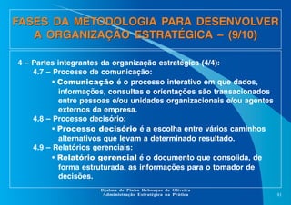 FASES DA METODOLOGIA PARA DESENVOLVER
A ORGANIZAÇÃO ESTRATÉGICA – (9/10)
4 – Partes integrantes da organização estratégica (4/4):
4.7 – Processo de comunicação:
• Comunicação é o processo interativo em que dados,
informações, consultas e orientações são transacionados
entre pessoas e/ou unidades organizacionais e/ou agentes
externos da empresa.
4.8 – Processo decisório:
• Processo decisório é a escolha entre vários caminhos
alternativos que levam a determinado resultado.
4.9 – Relatórios gerenciais:
• Relatório gerencial é o documento que consolida, de
forma estruturada, as informações para o tomador de
decisões.
Djalma de Pinho Rebouças de Oliveira
Administração Estratégica na Prática

81

 