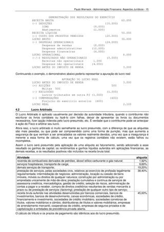 Paulo Werneck - Administração Financeira: Aspectos Jurídicos - 15


                        DEMONSTRAÇÃO DOS RESULTADOS DO EXERCÍCIO
             RECEITA BRUTA                                                                60.000
             (-) DEDUÇÕES                                  (10.000)
                   ICMS                            (9.000)
                   Abatimentos                     (1.000)
             RECEITA LÍQUIDA                                                              50.000
             (-) CUSTO DOS PRODUTOS VENDIDOS               (20.000)
             LUCRO BRUTO                                                                  30.000
             (-) DESPESAS OPERACIONAIS                     (24.000)
                   Despesas de vendas              (8.000)
                   Despesas administrativas       (12.000)
                   Despesas financeiras            (4.000)
             LUCRO OPERACIONAL                                                             6.000
             (-/-) RESULTADOS NÃO OPERACIONAIS              (3.000)
                   Receitas não operacionais       1.000
                   Despesas não operacionais      (4.000)
             LUCRO ANTES DO IMPOSTO DE RENDA                                               3.000

Continuando o exemplo, o demonstrativo abaixo poderia representar a apuração do lucro real:
                               APURAÇÃO DO LUCRO REAL
             LUCRO ANTES DO IMPOSTO DE RENDA                                               3.000
             (+) ADIÇÕES                                                         500
                   Multas 500
             (-) EXCLUSÕES                                                   (1.000)
                   Lucros tributados em outra PJ (1.000)
             (-) COMPENSAÇÕES                                                   (400)
                   Prejuízo do exercício anterior (400)
             LUCRO REAL                                                                    2.100

4.2         Lucro Arbitrado
O Lucro Arbitrado é aplicado usualmente por decisão da autoridade tributária, quando o contribuinte não
escriturar os livros contábeis ou fazê-lo com falhas, deixar de apresentar os livros ou documentos
necessários, fizer opção indevida pelo lucro presumido, etc. É verdade que o contribuinte pode se antecipar
à ação do Fisco e arbitrar seu lucro.
Afora isso, o lucro arbitrado é muito semelhante ao lucro presumido, com a diferença de que as alíquotas
são mais pesadas, ou que pode ser compreendido como uma forma de punição, mas que aumenta a
segurança de que venham a ser arrecadados os valores realmente devidos, uma vez que a insegurança é
inerente a essa forma de cálculo, uma vez que os registros contábeis não existem, estão falhos ou
incompletos.
Assim o lucro será presumido pela aplicação de uma alíquota ao faturamento, sendo adicionado a esse
resultado os ganhos de capital, os rendimentos e ganhos líquidos auferidos em aplicações financeiras, as
demais receitas, e os resultados positivos não incluídos na receita bruta total.

 Atividade                                                                                             alíquota
 revenda de combustíveis derivados de petróleo, álcool etílico carburante e gás natural;                  1,92%
 serviços hospitalares; transporte de carga;                                                              9,60%
 demais serviços de transporte;                                                                         19,20%
 prestação de serviços, pelas sociedades civis, relativos ao exercício de profissão legalmente          38,40%
 regulamentada; intermediação de negócios; administração, locação ou cessão de bens
 imóveis, móveis ou direitos de qualquer natureza; construção por administração ou por
 empreitada unicamente de mão-de-obra; prestação cumulativa e contínua de serviços de
 assessoria creditícia, mercadológica, gestão de crédito, seleção de riscos, administração de
 contas a pagar e a receber, compra de direitos creditórios resultantes de vendas mercantis a
 prazo ou de prestação de serviços (factoring); prestação de qualquer outro tipo de serviço;
 receita bruta auferida nas atividades desenvolvidas por bancos comerciais, bancos de                   45,00%
 investimentos, bancos de desenvolvimento, caixas econômicas, sociedades de crédito,
 financiamento e investimento, sociedades de crédito imobiliário, sociedades corretoras de
 títulos, valores mobiliários e câmbio, distribuidoras de títulos e valores mobiliários, empresas
 de arrendamento mercantil, cooperativas de crédito, empresas de seguros privados e de
 capitalização e entidades de previdência privada aberta.
O cálculo do tributo e os prazos de pagamento são idênticos aos do lucro presumido.
 