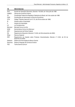 Paulo Werneck - Administração Financeira: Aspectos Jurídicos - 61



16         Abreviaturas
AVA        Acordo de Valoração Aduaneira, Decreto nº 92.930, de 16 de julho de 1986
CAMEX      Câmara de Comércio Exterior
CF         Constituição Federal da República Federativa do Brasil, de 5 de outubro de 1988
CIDE       Contribuição de Intervenção no Domínio Econômico
CTN        Código Tributário Nacional (Lei 5.172, de 25 de outubro de 1966)
IE         Imposto sobre a Exportação
II         Imposto de Importação
LC         Lei Complementar
Mercosul   Mercado Comum do Sul
NCM        Nomenclatura Comum do Mercosul
DPF        Departamento da Polícia Federal
RA         Regulamento Aduaneiro (Decreto nº 4.543, de 26 de dezembro de 2002)
REsp       Recurso Especial
RIPI       Regulamento do Imposto sobre Produtos Industrializados (Decreto nº 4.544, de 26 de
           dezembro de 2002)
Sisbacen   Sistema de Informações do Banco Central
Siscomex   Sistema Integrado de Comércio Exterior
TEC        Tarifa Externa Comum
 