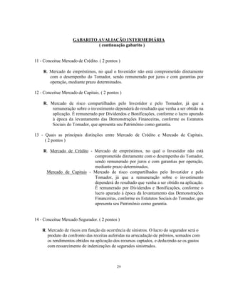 29
GABARITO AVALIAÇÃO INTERMEDIÁRIA
( continuação gabarito )
11 - Conceitue Mercado de Crédito. ( 2 pontos )
R. Mercado de empréstimos, no qual o Investidor não está comprometido diretamente
com o desempenho do Tomador, sendo remunerado por juros e com garantias por
operação, mediante prazo determinados.
12 - Conceitue Mercado de Capitais. ( 2 pontos )
R. Mercado de risco compartilhados pelo Investidor e pelo Tomador, já que a
remuneração sobre o investimento dependerá do resultado que venha a ser obtido na
aplicação. É remunerado por Dividendos e Bonificações, conforme o lucro apurado
à época da levantamento das Demonstrações Financeiras, conforme os Estatutos
Sociais do Tomador, que apresenta seu Patrimônio como garantia.
13 - Quais as principais distinções entre Mercado de Crédito e Mercado de Capitais.
( 2 pontos )
R. Mercado de Crédito - Mercado de empréstimos, no qual o Investidor não está
comprometido diretamente com o desempenho do Tomador,
sendo remunerado por juros e com garantias por operação,
mediante prazo determinados.
Mercado de Capitais - Mercado de risco compartilhados pelo Investidor e pelo
Tomador, já que a remuneração sobre o investimento
dependerá do resultado que venha a ser obtido na aplicação.
É remunerado por Dividendos e Bonificações, conforme o
lucro apurado à época da levantamento das Demonstrações
Financeiras, conforme os Estatutos Sociais do Tomador, que
apresenta seu Patrimônio como garantia.
14 - Conceitue Mercado Segurador. ( 2 pontos )
R. Mercado de riscos em função da ocorrência de sinistros. O lucro do segurador será o
produto do confronto das receitas auferidas na arrecadação de prêmios, somados com
os rendimentos obtidos na aplicação dos recursos captados, e deduzindo-se os gastos
com ressarcimento de indenizações de segurados sinistrados.
 