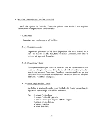 36
3. - Recursos Provenientes do Mercado Financeiro
Através dos agentes do Mercado Financeiro pode-se obter recursos, nas seguintes
modalidades de empréstimos e financiamentos:
3.1 - Curto Prazo:
Operações com vencimento em até 365 dias:
3.1.1 - Notas promissórias
Empréstimo geralmente de um único pagamento, com prazo mínimo de 30
dias e no máximo de 180 dias, feito por Banco Comercial, com taxas de
mercado sob a garantia de avalista.
3.1.2 - Desconto de Títulos
É o empréstimo feito por Bancos Comerciais que por determinada taxa de
desconto, antecipam valores da Entidade, a qual mediante endosso, transfere
seus direitos ao agente financiador, ficando no entanto, estabelecido que se o
devedor do título não honrar o compromisso, a Entidade devolverá ao agente
creditício o valor bruto antecipado.
3.1.3 - Linhas Específicas de Crédito
São linhas de crédito oferecidas pelas Entidades de Crédito para aplicações
específicas para cada tipo de atividade econômica.
Ex.: Linha de Crédito Rural
Linha de Crédito à Exportação
Linha de Crédito para Pequena e Média Empresa
Linha de Crédito Externo
Cheques Especiais
Cartões de Crédito
 