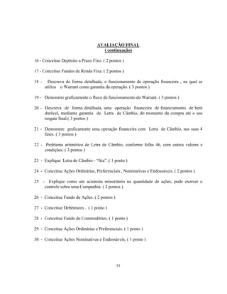 53
AVALIAÇÃO FINAL
( continuação)
16 - Conceitue Depósito a Prazo Fixo. ( 2 pontos )
17 - Conceitue Fundos de Renda Fixa. ( 2 pontos )
18 - Descreva de forma detalhada, o funcionamento de operação financeira , na qual se
utiliza o Warrant como garantia da operação. ( 3 pontos )
19 - Demonstre graficamente o fluxo de funcionamento do Warrant. ( 3 pontos )
20 - Descreva de forma detalhada, uma operação financeira de financiamento de bem
durável, mediante garantia de Letra de Câmbio, do momento da compra até o seu
resgate final.( 3 pontos )
21 - Demonstre graficamente uma operação financeira com Letra de Câmbio, nas suas 4
fases. ( 3 pontos )
22 - Problema aritmético de Letra de Câmbio, conforme folha 46, com outros valores e
condições. ( 3 pontos )
23 - Explique Letra de Câmbio - “fria”. ( 1 ponto )
24 - Conceitue Ações Ordinárias, Preferenciais , Nominativas e Endossáveis. ( 2 pontos )
25 - Explique como um acionista minoritário na quantidade de ações, pode exercer o
controle sobre uma Companhia. ( 2 pontos )
26 - Conceitue Fundo de Ações. ( 2 pontos )
27 - Conceitue Debêntures . ( 1 ponto )
28 - Conceitue Fundo de Commoditties. ( 1 ponto )
29 - Conceitue Ações Ordinárias e Preferenciais. ( 1 ponto )
30 - Conceitue Ações Nominativas e Endossáveis. ( 1 ponto )
 