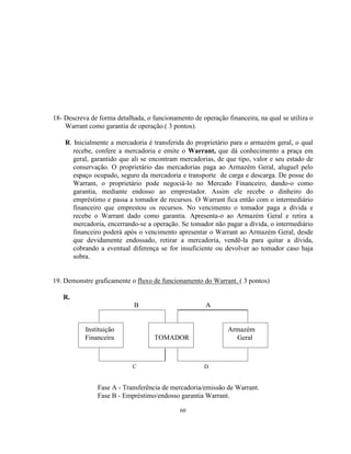 60
18- Descreva de forma detalhada, o funcionamento de operação financeira, na qual se utiliza o
Warrant como garantia de operação.( 3 pontos).
R. Inicialmente a mercadoria é transferida do proprietário para o armazém geral, o qual
recebe, confere a mercadoria e emite o Warrant, que dá conhecimento a praça em
geral, garantido que ali se encontram mercadorias, de que tipo, valor e seu estado de
conservação. O proprietário das mercadorias paga ao Armazém Geral, aluguel pelo
espaço ocupado, seguro da mercadoria e transporte de carga e descarga. De posse do
Warrant, o proprietário pode negociá-lo no Mercado Financeiro, dando-o como
garantia, mediante endosso ao emprestador. Assim ele recebe o dinheiro do
empréstimo e passa a tomador de recursos. O Warrant fica então com o intermediário
financeiro que emprestou os recursos. No vencimento o tomador paga a dívida e
recebe o Warrant dado como garantia. Apresenta-o ao Armazém Geral e retira a
mercadoria, encerrando-se a operação. Se tomador não pagar a dívida, o intermediário
financeiro poderá após o vencimento apresentar o Warrant ao Armazém Geral, desde
que devidamente endossado, retirar a mercadoria, vendê-la para quitar a dívida,
cobrando a eventual diferença se for insuficiente ou devolver ao tomador caso haja
sobra.
19. Demonstre graficamente o fluxo de funcionamento do Warrant. ( 3 pontos)
R.
B A
Instituição Armazém
Financeira TOMADOR Geral
C D
Fase A - Transferência de mercadoria/emissão de Warrant.
Fase B - Empréstimo/endosso garantia Warrant.
 