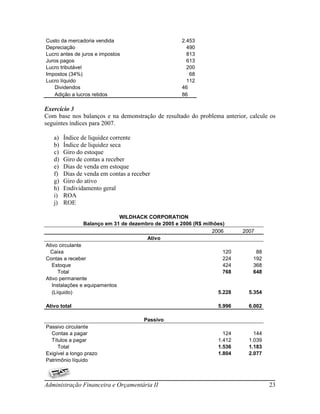 Custo da mercadoria vendida                         2.453
Depreciação                                           490
Lucro antes de juros e impostos                       813
Juros pagos                                           613
Lucro tributável                                      200
Impostos (34%)                                         68
Lucro líquido                                         112
    Dividendos                                      46
    Adição a lucros retidos                         86

Exercício 3
Com base nos balanços e na demonstração de resultado do problema anterior, calcule os
seguintes índices para 2007.

   a)   Índice de liquidez corrente
   b)   Índice de liquidez seca
   c)   Giro do estoque
   d)   Giro de contas a receber
   e)   Dias de venda em estoque
   f)   Dias de venda em contas a receber
   g)   Giro do ativo
   h)   Endividamento geral
   i)   ROA
   j)   ROE

                            WILDHACK CORPORATION
               Balanço em 31 de dezembro de 2005 e 2006 (R$ milhões)
                                                               2006      2007
                                      Ativo
Ativo circulante
  Caixa                                                            120       88
Contas a receber                                                   224      192
   Estoque                                                         424      368
      Total                                                        768      648
Ativo permanente
   Instalações e equipamentos
   (Líquido)                                                     5.228     5.354

Ativo total                                                      5.996     6.002

                                      Passivo
Passivo circulante
  Contas a pagar                                                   124       144
  Títulos a pagar                                                1.412     1.039
     Total                                                       1.536     1.183
Exigível a longo prazo                                           1.804     2.077
Patrimônio líquido



Administração Financeira e Orçamentária II                                         23
 