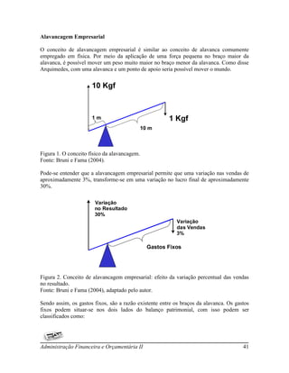 Alavancagem Empresarial

O conceito de alavancagem empresarial é similar ao conceito de alavanca comumente
empregado em física. Por meio da aplicação de uma força pequena no braço maior da
alavanca, é possível mover um peso muito maior no braço menor da alavanca. Como disse
Arquimedes, com uma alavanca e um ponto de apoio seria possível mover o mundo.


                      10 Kgf



                      1m                               1 Kgf
                                              10 m



Figura 1. O conceito físico da alavancagem.
Fonte: Bruni e Fama (2004).

Pode-se entender que a alavancagem empresarial permite que uma variação nas vendas de
aproximadamente 3%, transforme-se em uma variação no lucro final de aproximadamente
30%.

                       Variação
                       no Resultado
                       30%
                                                          Variação
                                                          das Vendas
                                                          3%

                                                Gastos Fixos




Figura 2. Conceito de alavancagem empresarial: efeito da variação percentual das vendas
no resultado.
Fonte: Bruni e Fama (2004), adaptado pelo autor.

Sendo assim, os gastos fixos, são a razão existente entre os braços da alavanca. Os gastos
fixos podem situar-se nos dois lados do balanço patrimonial, com isso podem ser
classificados como:




Administração Financeira e Orçamentária II                                             41
 