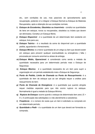 12
etc., sem condições de uso, mas passíveis de aproveitamento após
recuperação, podendo vir a integrar o Estoque Normal ou Estoque de Materiais
Recuperados, após a obtenção de sua condições normais;
i) Estoque de Excedentes, Obsoletos ou Inservíveis - constitui as quantidades
de itens em estoque, novos ou recuperados, obsoletos ou inúteis que devem
ser eliminados. Constitui um Estoque Morto;
j) Estoque Disponível - é a quantidade de um determinado item existente em
estoque, livre para uso;
k) Estoque Teórico - é o resultado da soma do disponível com a quantidade
pedida, aguardando o fornecimento;
l) Estoque Mínimo: é a menor quantidade de um artigo ou item que deverá existir
em estoque para prevenir qualquer eventualidade ou emergência ( falta )
provocada por consumo anormal ou atraso de entrega;
m) Estoque Médio, Operacional: é considerado como sendo a metade da
quantidade necessária para um determinado período mais o Estoque de
Segurança;
n) Estoque Máximo: é a quantidade necessária de um item para suprir a
organização em um período estabelecido mais o Estoque de Segurança;
o) Ponto de Pedido, Limite de Chamada ou Ponto de Ressuprimento: é a
quantidade de item de estoque que ao ser atingida requer a análise para
ressuprimento do item;
p) Ponto de Chamada de Emergência: é a quantidade que quando atingida
requer medidas especiais para que não ocorra ruptura no estoque.
Normalmente é igual a metade do Estoque Mínimo;
q) Ruptura de Estoque: ocorre quando o estoque de determinado item zera ( E =
0 ). A continuação das solicitações e o não atendimento a caracteriza;
r) Freqüência - é o número de vezes que um item é solicitado ou comprado em
um determinado período;
s) Quantidade a Pedir - é a quantidade de um item que deverá ser fornecida ou
comprada;
 