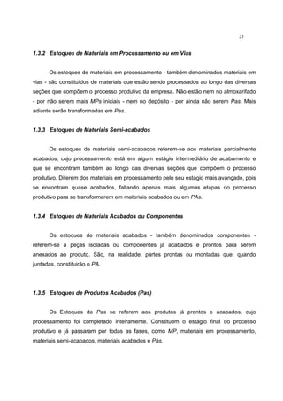 23
1.3.2 Estoques de Materiais em Processamento ou em Vias
Os estoques de materiais em processamento - também denominados materiais em
vias - são constituídos de materiais que estão sendo processados ao longo das diversas
seções que compõem o processo produtivo da empresa. Não estão nem no almoxarifado
- por não serem mais MPs iniciais - nem no depósito - por ainda não serem Pas. Mais
adiante serão transformadas em Pas.
1.3.3 Estoques de Materiais Semi-acabados
Os estoques de materiais semi-acabados referem-se aos materiais parcialmente
acabados, cujo processamento está em algum estágio intermediário de acabamento e
que se encontram também ao longo das diversas seções que compõem o processo
produtivo. Diferem dos materiais em processamento pelo seu estágio mais avançado, pois
se encontram quase acabados, faltando apenas mais algumas etapas do processo
produtivo para se transformarem em materiais acabados ou em PAs.
1.3.4 Estoques de Materiais Acabados ou Componentes
Os estoques de materiais acabados - também denominados componentes -
referem-se a peças isoladas ou componentes já acabados e prontos para serem
anexados ao produto. São, na realidade, partes prontas ou montadas que, quando
juntadas, constituirão o PA.
1.3.5 Estoques de Produtos Acabados (Pas)
Os Estoques de Pas se referem aos produtos já prontos e acabados, cujo
processamento foi completado inteiramente. Constituem o estágio final do processo
produtivo e já passaram por todas as fases, como MP, materiais em processamento,
materiais semi-acabados, materiais acabados e Pás.
 