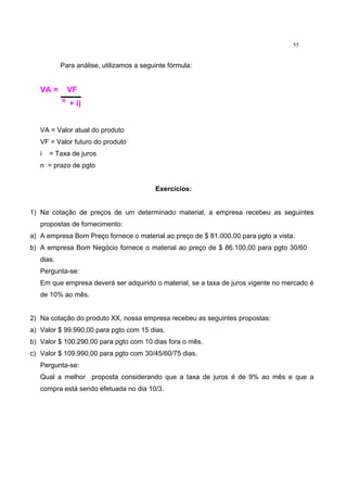 55
Para análise, utilizamos a seguinte fórmula:
VA = VF
(1 + i)
VA = Valor atual do produto
VF = Valor futuro do produto
i = Taxa de juros
n = prazo de pgto
Exercícios:
1) Na cotação de preços de um determinado material, a empresa recebeu as seguintes
propostas de fornecimento:
a) A empresa Bom Preço fornece o material ao preço de $ 81.000,00 para pgto a vista.
b) A empresa Bom Negócio fornece o material ao preço de $ 86.100,00 para pgto 30/60
dias.
Pergunta-se:
Em que empresa deverá ser adquirido o material, se a taxa de juros vigente no mercado é
de 10% ao mês.
2) Na cotação do produto XX, nossa empresa recebeu as seguintes propostas:
a) Valor $ 99.990,00 para pgto com 15 dias.
b) Valor $ 100.290,00 para pgto com 10 dias fora o mês.
c) Valor $ 109.990,00 para pgto com 30/45/60/75 dias.
Pergunta-se:
Qual a melhor proposta considerando que a taxa de juros é de 9% ao mês e que a
compra está sendo efetuada no dia 10/3.
n
 