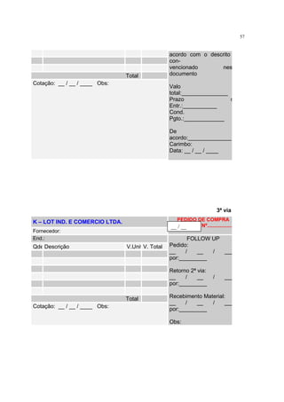 57
Total
Cotação: __ / __ / ____ Obs:
acordo com o descrito
con-
vencionado nes
documento
Valo
total:_______________
Prazo d
Entr.:___________
Cond.
Pgto.:_____________
De
acordo:______________
Carimbo:
Data: __ / __ / ____
3ª via
K – LOT IND. E COMERCIO LTDA.
Fornecedor:
PEDIDO DE COMPRA
Nº..................
End.:
Qde Descrição V.Unit V. Total
Total
Cotação: __ / __ / ____ Obs:
FOLLOW UP
Pedido:
__ / __ / ___
por:_________
Retorno 2ª via:
__ / __ / ___
por:_________
Recebimento Material:
__ / __ / ___
por:_________
Obs:
__ / __
 
