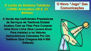 O Novo “Jogo” Das
Comunicações
A Venda das Ineficientes Prestadoras
de Serviços de Telefonia Estatal
Acabou Com as Filas Para Comprar
Uma Nova Linha (Que Levava Anos
Para Instalar) e os Valores
Astronômicos Cobrados Por Um
Telefone (Que Chegava Até 4 000
Dólares)
O Leilão do Sistema Telebrás
(1998) Arrecadou US $ 22
Bilhões
 