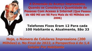 A Dimensão do Avanço Impressiona,
Quando se Considera a Quantidade de
Pessoas Com Acesso à Internet (Que Passou
de 480 Mil em 98 Para Mais de 45 Milhões em
2006)
Telefones Fixos Eram 12 Para cada
100 Habitante e, Atualmente, São 33
Hoje, o Número de Celulares Impressiona (200
Milhões) e, No Final de 2022, a Perspectiva é de 1,4
Celular Por Habitante
 