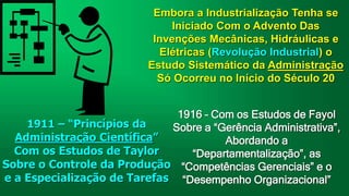 Embora a Industrialização Tenha se
Iniciado Com o Advento Das
Invenções Mecânicas, Hidráulicas e
Elétricas (Revolução Industrial) o
Estudo Sistemático da Administração
Só Ocorreu no Início do Século 20
1911 – “Princípios da
Administração Científica”
Com os Estudos de Taylor
Sobre o Controle da Produção
e a Especialização de Tarefas
1916 – Com os Estudos de Fayol
Sobre a “Gerência Administrativa”,
Abordando a
“Departamentalização”, as
“Competências Gerenciais” e o
“Desempenho Organizacional”
 