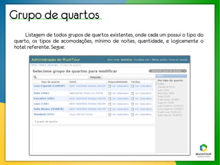 Grupo de quartos
     Listagem de todos grupos de quartos existentes, onde cada um possui o tipo do
quarto, os tipos de acomodações, mínimo de noites, quantidade, e logicamente o
hotel referente. Segue:
 