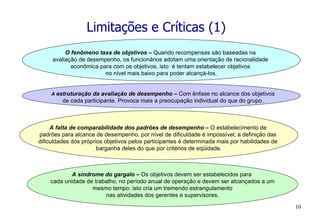 Limitações e Críticas (1) O fenômeno taxa de objetivos –  Quando recompensas são baseadas na  avaliação de desempenho, os funcionários adotam uma orientação de racionalidade  econômica para com os objetivos, isto  é tentam estabelecer objetivos  no nível mais baixo para poder alcançá-los. A síndrome do gargalo –  Os objetivos devem ser estabelecidos para  cada unidade de trabalho, no período anual de operação e devem ser alcançados a um mesmo tempo; isto cria um tremendo estrangulamento  nas atividades dos gerentes e supervisores. A falta de comparabilidade dos padrões de desempenho –  O estabelecimento de  padrões para alcance de desempenho, por nível de dificuldade é impossível; a definição das  dificuldades dos próprios objetivos pelos participantes é determinada mais por habilidades de  barganha deles do que por critérios de eqüidade. A  estruturação da avaliação de desempenho –  Com ênfase no alcance dos objetivos de cada participante. Provoca mais a preocupação individual do que do grupo. 