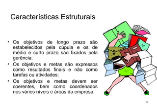 Características Estruturais Os objetivos de longo prazo são estabelecidos pela cúpula e os de médio e curto prazo são fixados pela gerência; Os objetivos e metas são expressos como resultados finais e não como tarefas ou atividades; Os objetivos e metas devem ser coerentes, bem como coordenados nos vários níveis e áreas da empresa.  