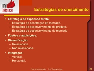 Estratégias de crescimento Estratégia de expansão direta: Estratégia de penetração de mercado. Estratégia de desenvolvimento de produto. Estratégia de desenvolvimento de mercado. Fusões e aquisições. Diversificação: Relacionada. Não relacionada. Integração: Vertical. Horizontal. 