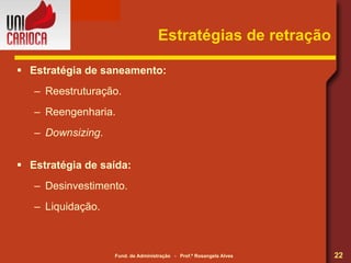 Estratégias de retração Estratégia de saneamento: Reestruturação. Reengenharia. Downsizing . Estratégia de saída: Desinvestimento. Liquidação. 