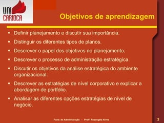 Objetivos de aprendizagem Definir planejamento e discutir sua importância. Distinguir os diferentes tipos de planos. Descrever o papel dos objetivos no planejamento. Descrever o processo de administração estratégica. Discutir os objetivos da análise estratégica do ambiente organizacional. Descrever as estratégias de nível corporativo e explicar a abordagem de portfólio. Analisar as diferentes opções estratégias de nível de negócio. 