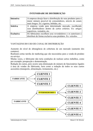 IESP – Instituto Superior de Educação

20

INTENSIDADE DE DISTRIBUIÇÃO
Intensiva

Seletiva

Exclusiva

A empresa deseja fazer a distribuição de seus produtos para o
maior número possível de consumidores, através de canais
mais longos. Ex: cigarros, bebidas, etc.
A empresa vende para determinado mercado, escolhendo
seus distribuidores dentro de certos critérios. Ex: artigos
esportivos, vestuário, etc.
Os fabricantes escolhem seus revendedores e os autorizam a
distribuir de forma exclusiva seus produtos. Ex: veículos.

VANTAGENS DO USO DE CANAL DE DISTRIBUIÇÃO
Aumento do nível de abrangência de cobertura de um mercado (aumento dos
contatos).
Realizam certas tarefas de marketing que são necessárias para a venda do produto
ou serviço.
Muitas vezes, o fabricante não teria condições de realizar certos trabalhos, como
por exemplo: prospecção e demonstração.
Redução de custos, pois ocorre uma diminuição do número de funcionários ligados
à área de vendas do fabricante, bem como a redução de todos os seus custos
acessórios (transporte, alimentação, treinamento, etc.)

CLIENTE 1
FABRICANTE

CLIENTE 2
CLIENTE 3

INTERMEDIÁRIO 1

CLIENTE 1
CLIENTE 2
CLIENTE 3

FABRICANTE

CLIENTE 4
INTERMEDIÁRIO 2

CLIENTE 5
CLIENTE 6

Administração de Vendas

Bruno E. M. Oliveira

 