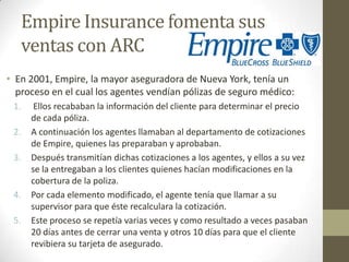 EmpireInsurance fomenta sus ventas con ARCEn 2001, Empire, la mayor aseguradora de Nueva York, tenía un proceso en el cual los agentes vendían pólizas de seguro médico: Ellos recababan la información del cliente para determinar el precio de cada póliza.A continuación los agentes llamaban al departamento de cotizaciones de Empire, quienes las preparaban y aprobaban. Después transmitían dichas cotizaciones a los agentes, y ellos a su vez se la entregaban a los clientes quienes hacían modificaciones en la cobertura de la poliza. Por cada elemento modificado, el agente tenía que llamar a su supervisor para que éste recalculara la cotización. Este proceso se repetía varias veces y como resultado a veces pasaban 20 días antes de cerrar una venta y otros 10 días para que el cliente revibiera su tarjeta de asegurado.